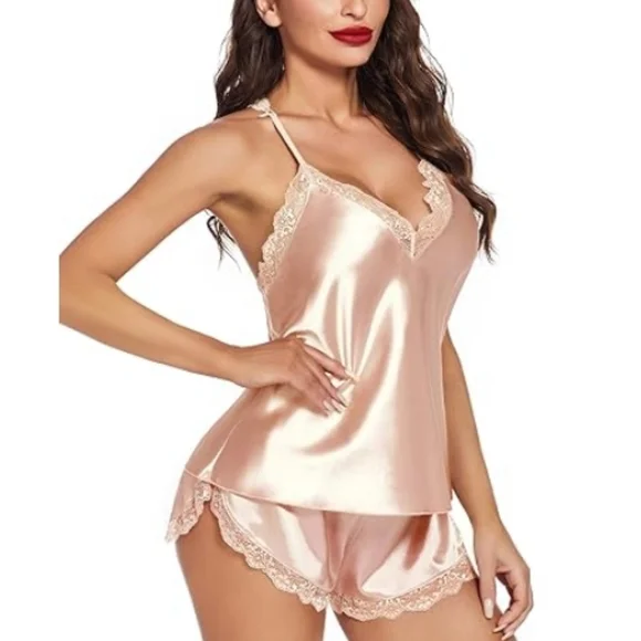 Nightwear Satin Pajamas Set Sleepwear Womens Sexy Lingerie Champagne - Picture 2 of 9